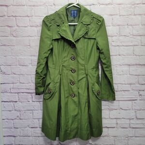 Ambition Green Trench Coat S Ruffle Collar Button Front Cottagecore Preppy Chic